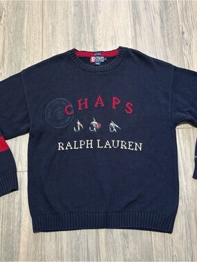Chaps Ralph Lauren Men's Navy and Red Logo Crewneck Sweater 100% Cotton
